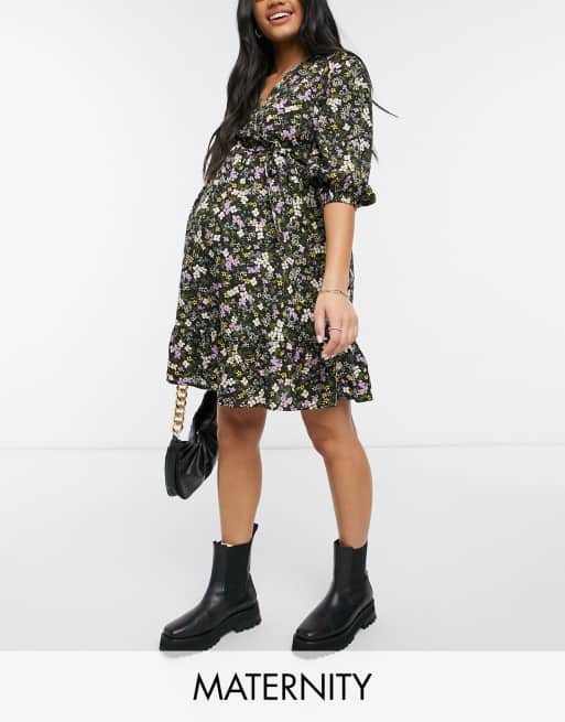 New Look Maternity wrap front mini dress in black floral pattern | ASOS