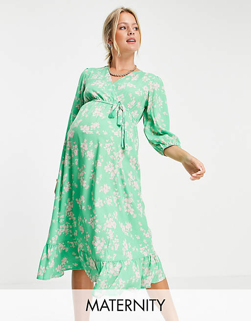 New Look Maternity wrap midi dress in green pattern
