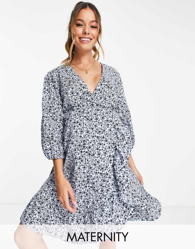 New Look Maternity wrap mini dress in blue floral print