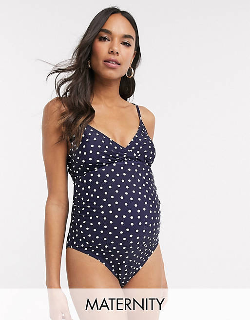 New Look Maternity wrap swimsuit in navy polka dot