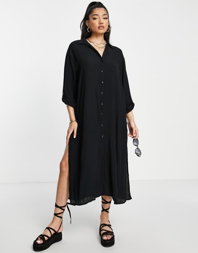 New Look maxi beach shirt dress in black