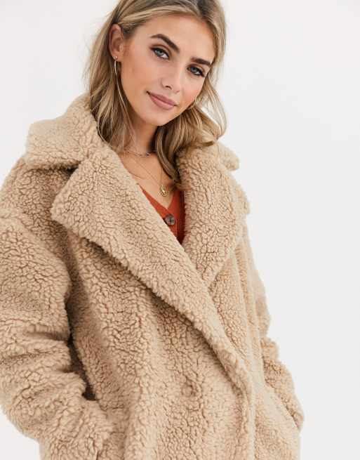 New Look maxi borg teddy coat in oatmeal