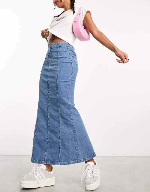 New Look – Maxi-Jeansrock in Blau mit Ziernaht