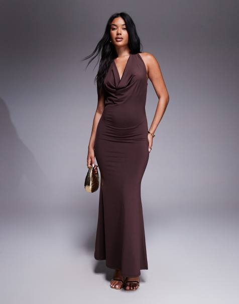 New Look - Maxi jurk met halternek en gedrapeerde halslijn in bruin - view 1