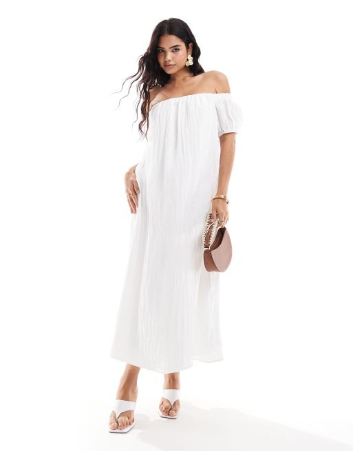 New Look - Maxi-jurk van kreukelstof met bardot halslijn in wit