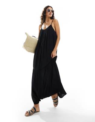 New Look - Maxi-Strandkleid in Schwarz mit überkreuzter Rückseite