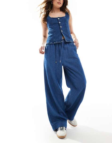 New Look – Mellanblå byxor i denim och pull on-modell med vida ben - view 1