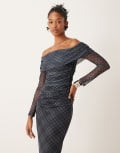 [New Look] New Look mesh bardot long sleeve top in blue check (part of a set) 8 Mid blue