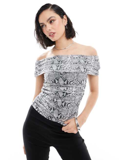New Look mesh bardot top in snake print