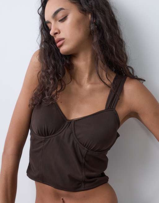 New Look mesh corset top with boning detail in dark brown, 2 of 5
