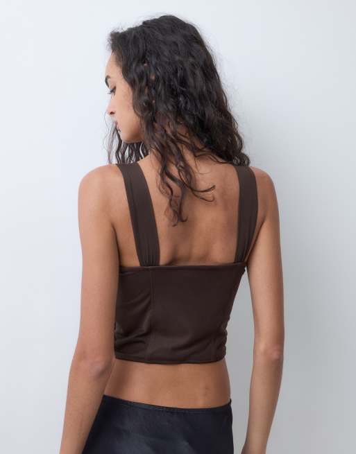 New Look mesh corset top with boning detail in dark brown, 3 of 5