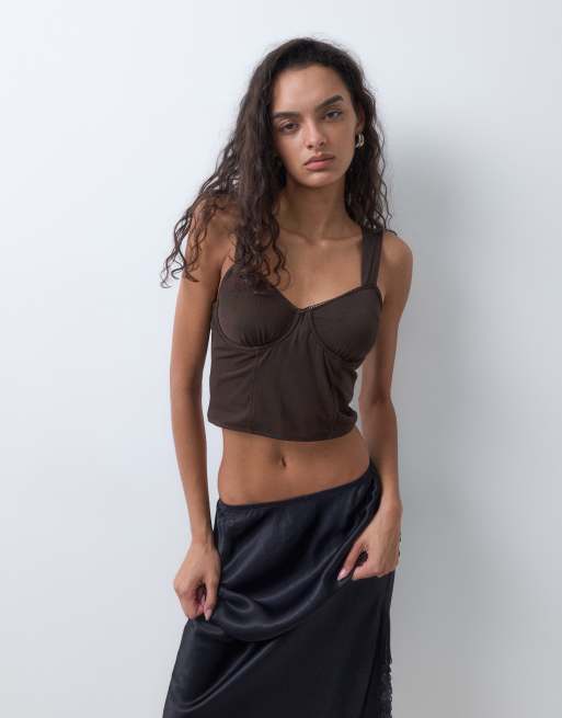 New Look mesh corset top with boning detail in dark brown, 5 of 5