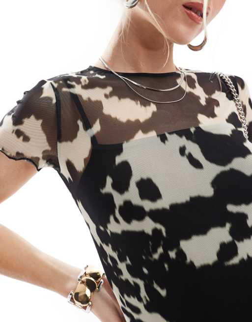 cow print mesh dress New Look mesh cow print midi dress in black