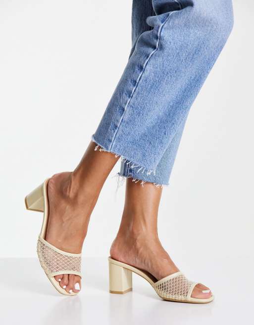 New Look mesh embellished mule block heel in off white