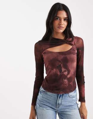 New Look New Look mesh floral cut out long sleeve top in red