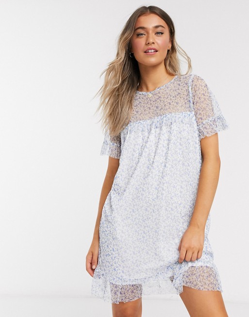 New Look mesh frill smock dress in blue ditsy floral