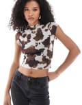 [New Look] New Look mesh high neck top in cow print-Black 8 09-Black Pattern