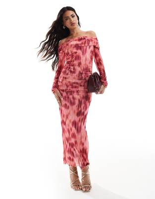 [New Look] New Look mesh long sleeve bardot midaxi dress in pink pattern 6 PINK