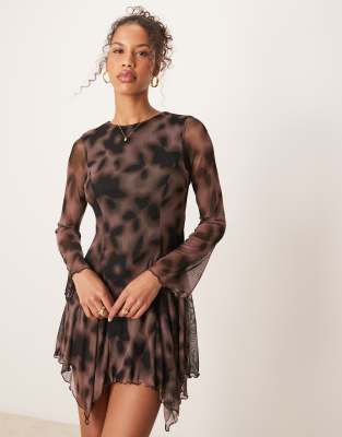 New Look New Look mesh long sleeve mini dress in brown floral print