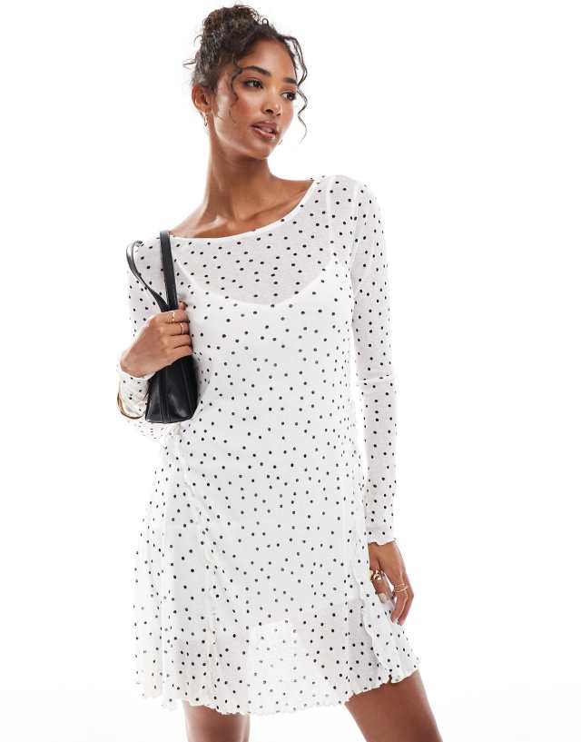 New Look - mesh long sleeve mini dress in cream spot