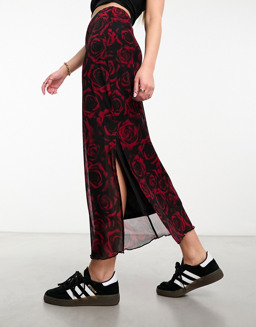New Look mesh midi skirt in rose print-Black