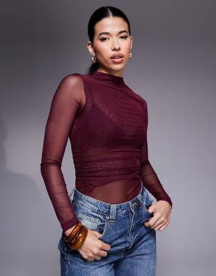 New Look New Look mesh ruched side bodysuit in burgundy-Brown
