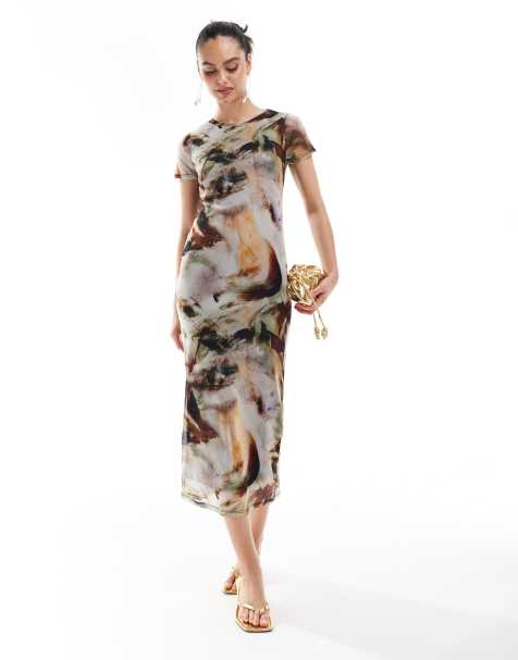 New Look mesh short sleeve midi dress in brown pattern - view 1