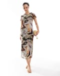 [New Look] New Look mesh short sleeve midi dress in brown pattern 8 Brown pattern