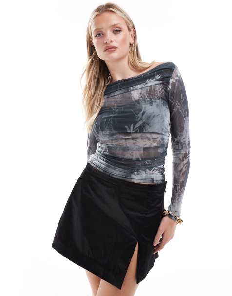 New Look mesh slash neck long sleeve top in grey pattern - view 1