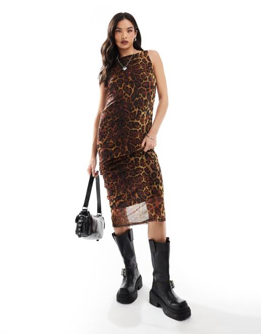 New Look mesh slash neck midi dress in leopard print