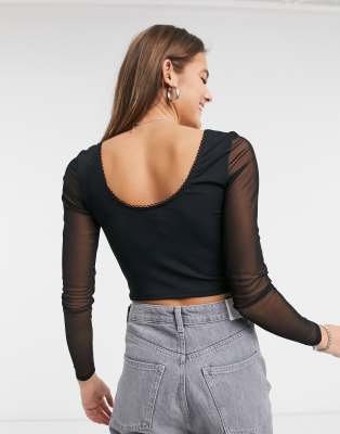 black mesh long sleeve crop top