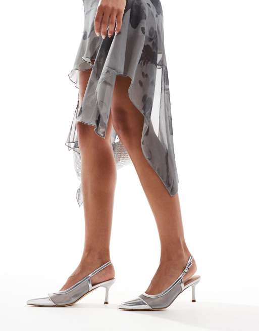 New Look mesh sling back heeled shoes in silver ASOS