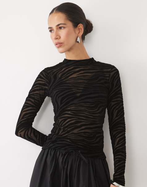 New Look mesh top met zebraprint en flockprint en lange mouwen in zwart - view 1