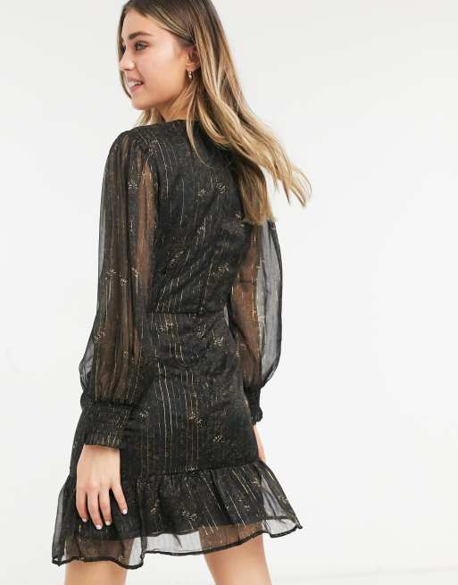 New Look - Metallic mini jurk met bloemen in zwart, 2 van 4