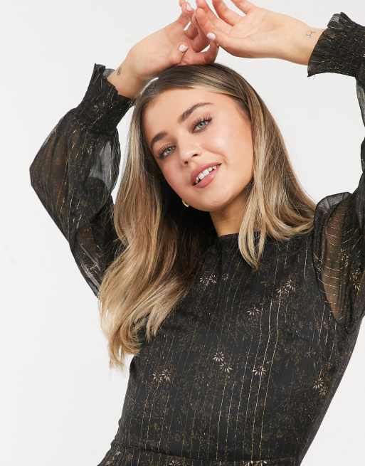 New Look - Metallic mini jurk met bloemen in zwart, 3 van 4