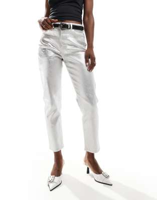 New Look metallic straight leg jean in silver-White