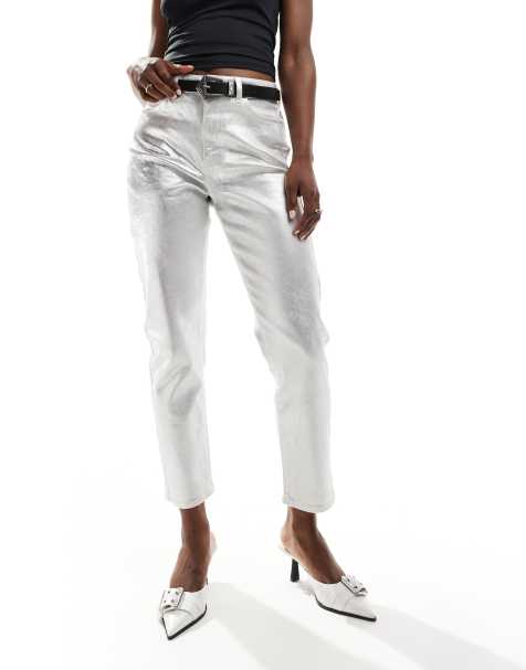 New Look metallic straight leg jean in silver - view 1