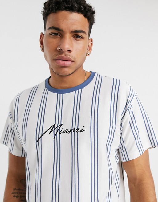 New Look Miami embroidered vertical stripe t-shirt in white