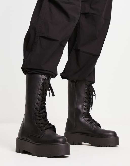 Mid calf leather black on sale boots