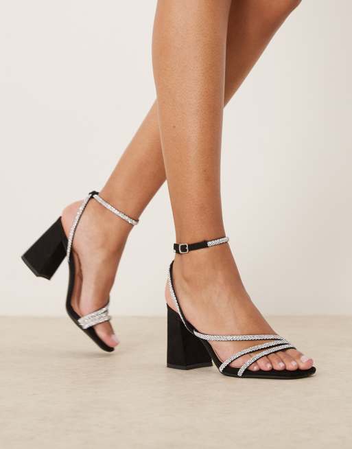 New Look mid heeled sandal with embellished straps in black ASOS