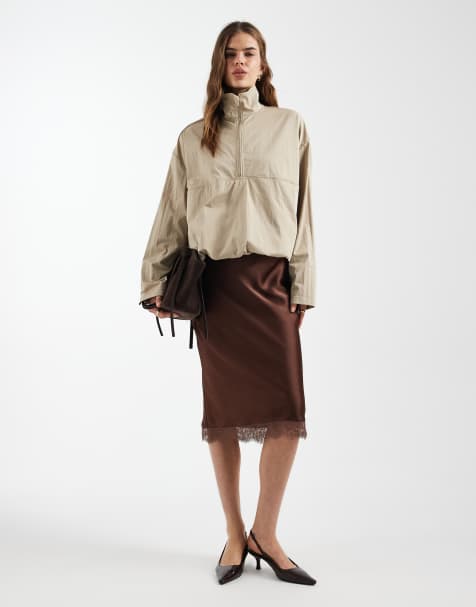 New Look mid length lace trim satin skirt in brown - view 1
