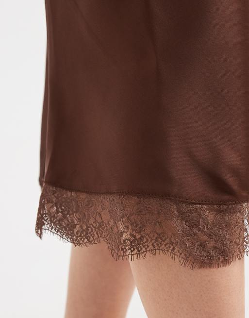 New Look mid length lace trim satin skirt in brown, 2 of 5