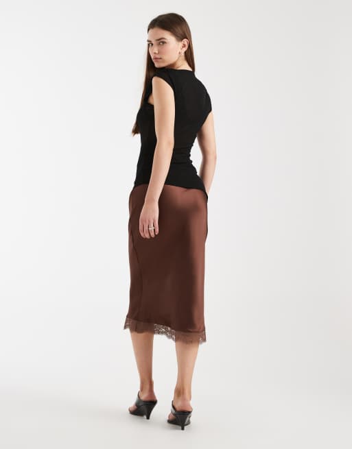 New Look mid length lace trim satin skirt in brown, 5 of 5