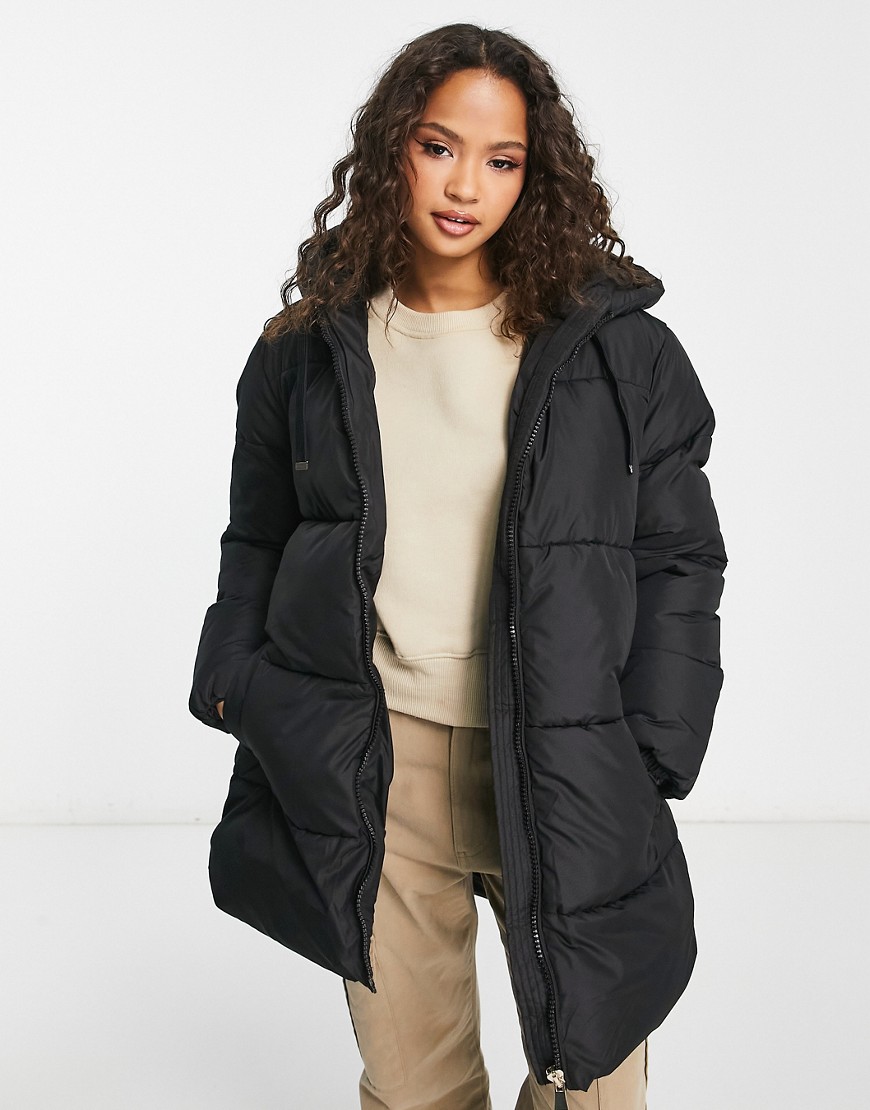 New Look Mid Length Padded Puffer Coat With Hood In Black