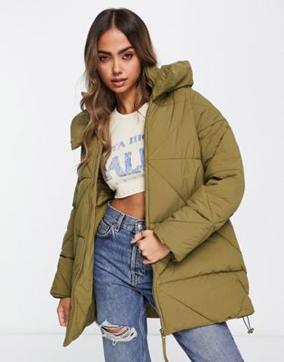 New Look mid length padded puffer coat with hood in olive green - ASOS Price Checker