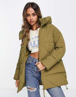 New Look Mid Length Padded Puffer Coat With Hood In Olive Green