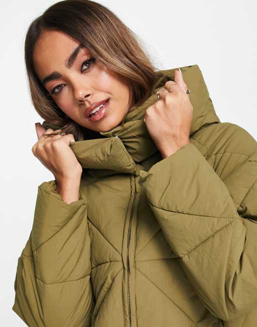 New Look longline diamond quilted padded coat in light khaki