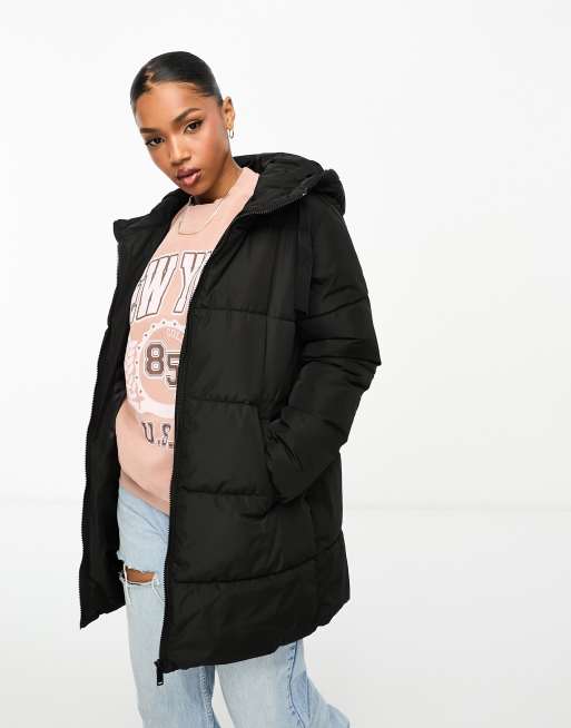 New Look mid length puffer coat with hood in black | ASOS