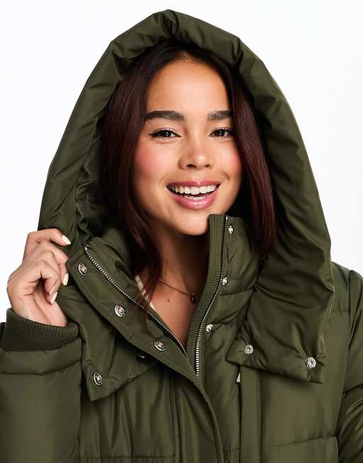 Khaki puffer jacket on sale with fur hood