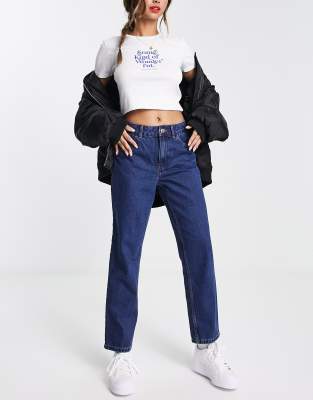 New Look mid rise mom jeans in dark blue | ASOS